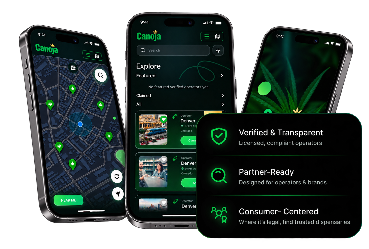 Canoja app concept showing cannabis discovery and license visibility on three phones.